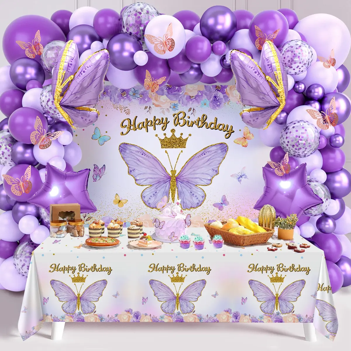Butterfly Birthday Balloon Arch Kit, 95pcs Purple Pink Butterfly Birthday Party Decoration DIY Set, Lavender Balloons Foil Balloons, Happy Birthday Backdrop Tablecloth, Girl's Birthday Party Balloon Garland, Party Supplies, Father's Day Gift