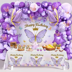 Butterfly Birthday Balloon Arch Kit, 95pcs Purple Pink Butterfly Birthday Party Decoration DIY Set, Lavender Balloons Foil Balloons, Happy Birthday Backdrop Tablecloth, Girl's Birthday Party Balloon Garland, Party Supplies, Father's Day Gift