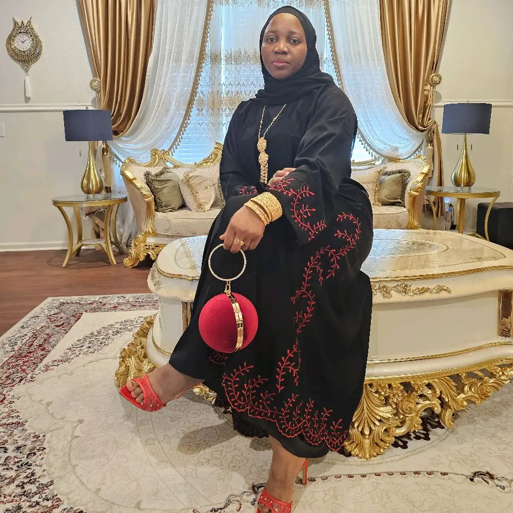 Scarlet Bloom Abaya - Black Traditional Dress with Red Embroidery Details