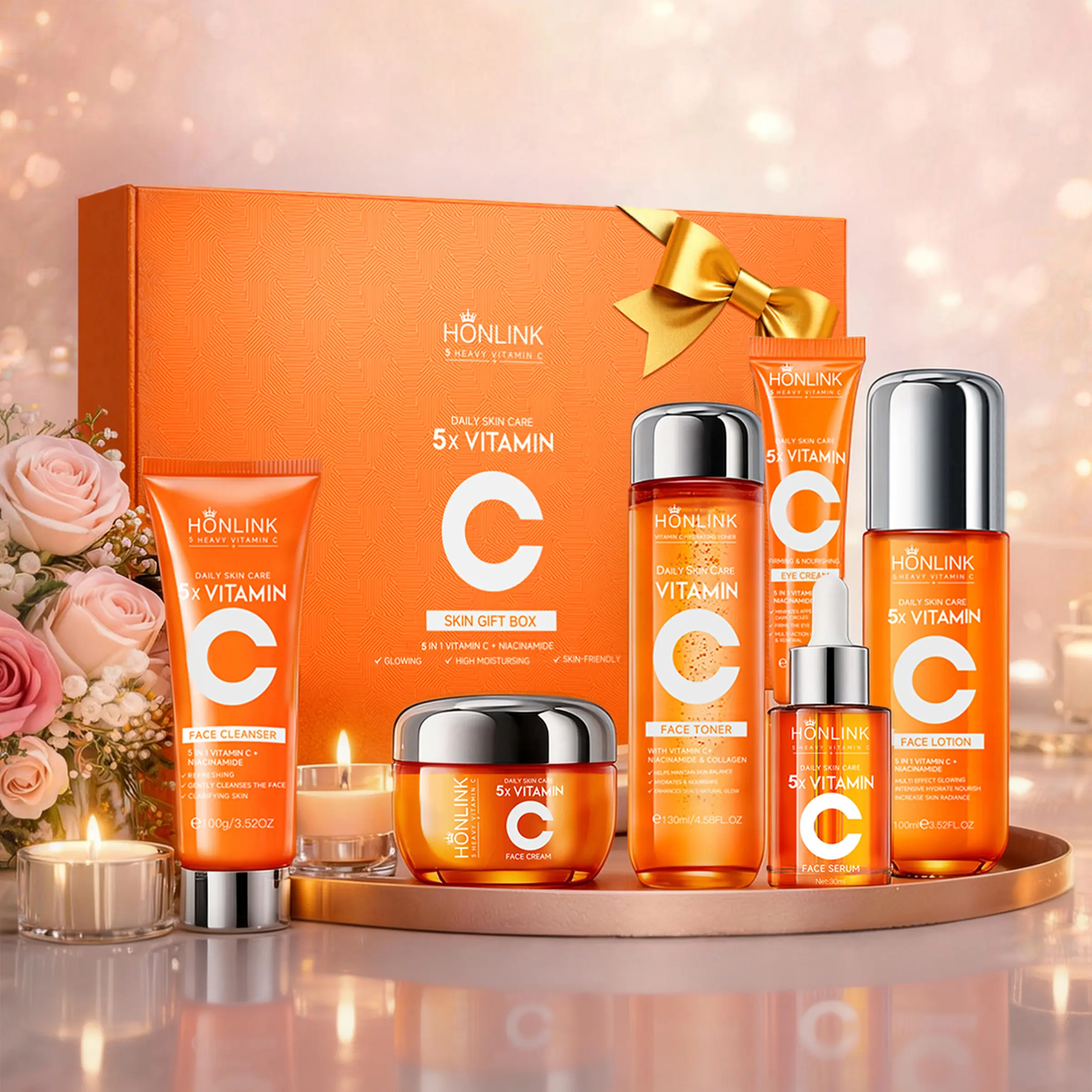 5X Vitamin C Skincare Set with Niacinamide & Centella, 6-in-1 Facial Kit with Face Wash Toner Serum Lotion Eye & Face Cream - Moisturizing Repairing Radiant Gift Set
