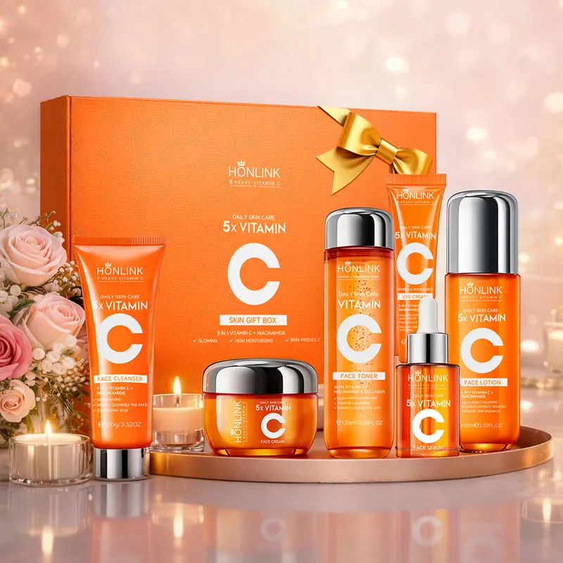 Unisex 5X Vitamin C Cruelty-Free Adult Skincare Set - 6-in-1 Facial Liquid Kit with Niacinamide, Centella, Hyaluronic Acid (Cleanser, Toner, Serum, Moisturizer, Eye Cream, Lotion) for Morning Routine, Repair, Hydration, Glow Up, Nourishing Eyes