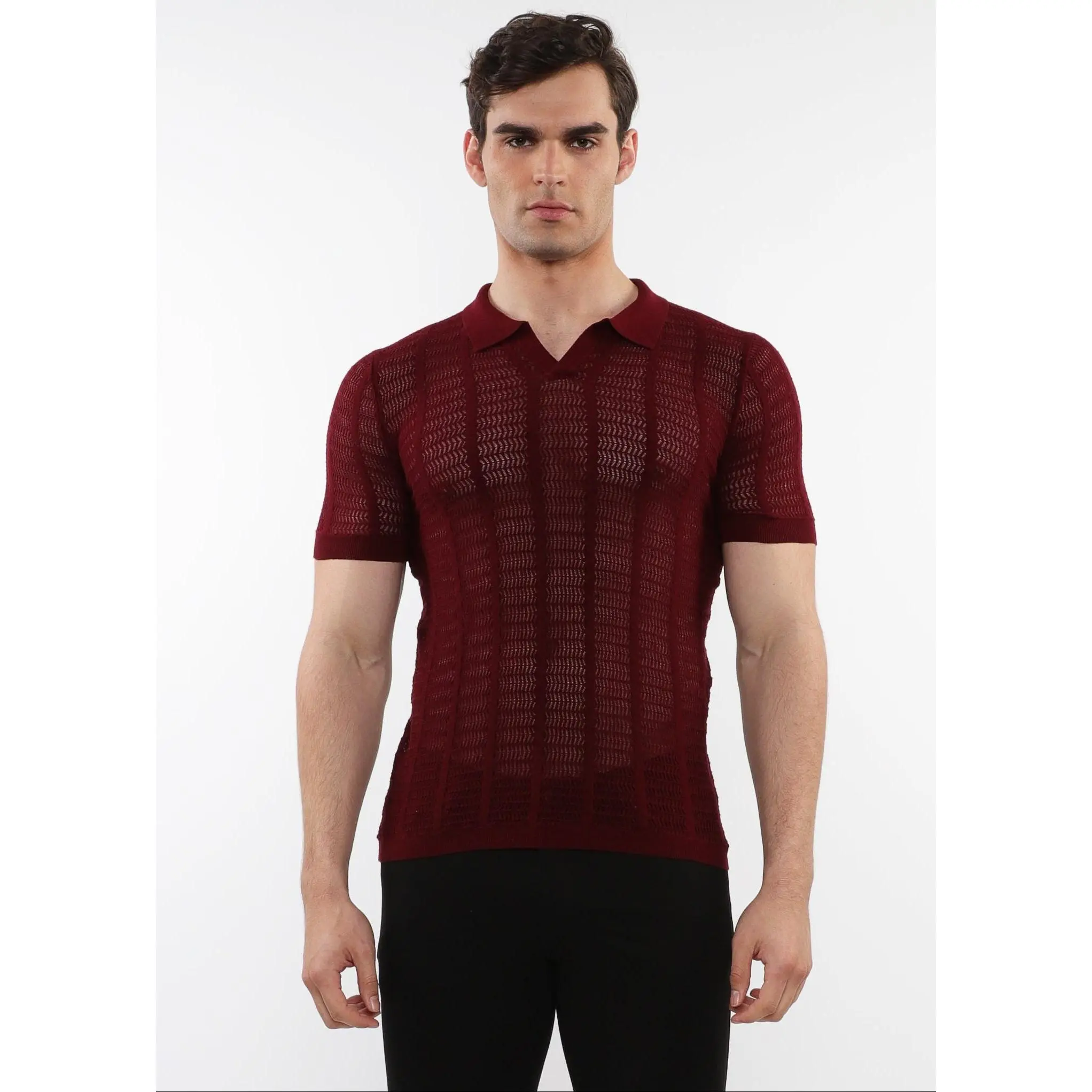 MAROON OPEN COLLAR TEXTURED MESH KNIT COTTON POLO PM-16234