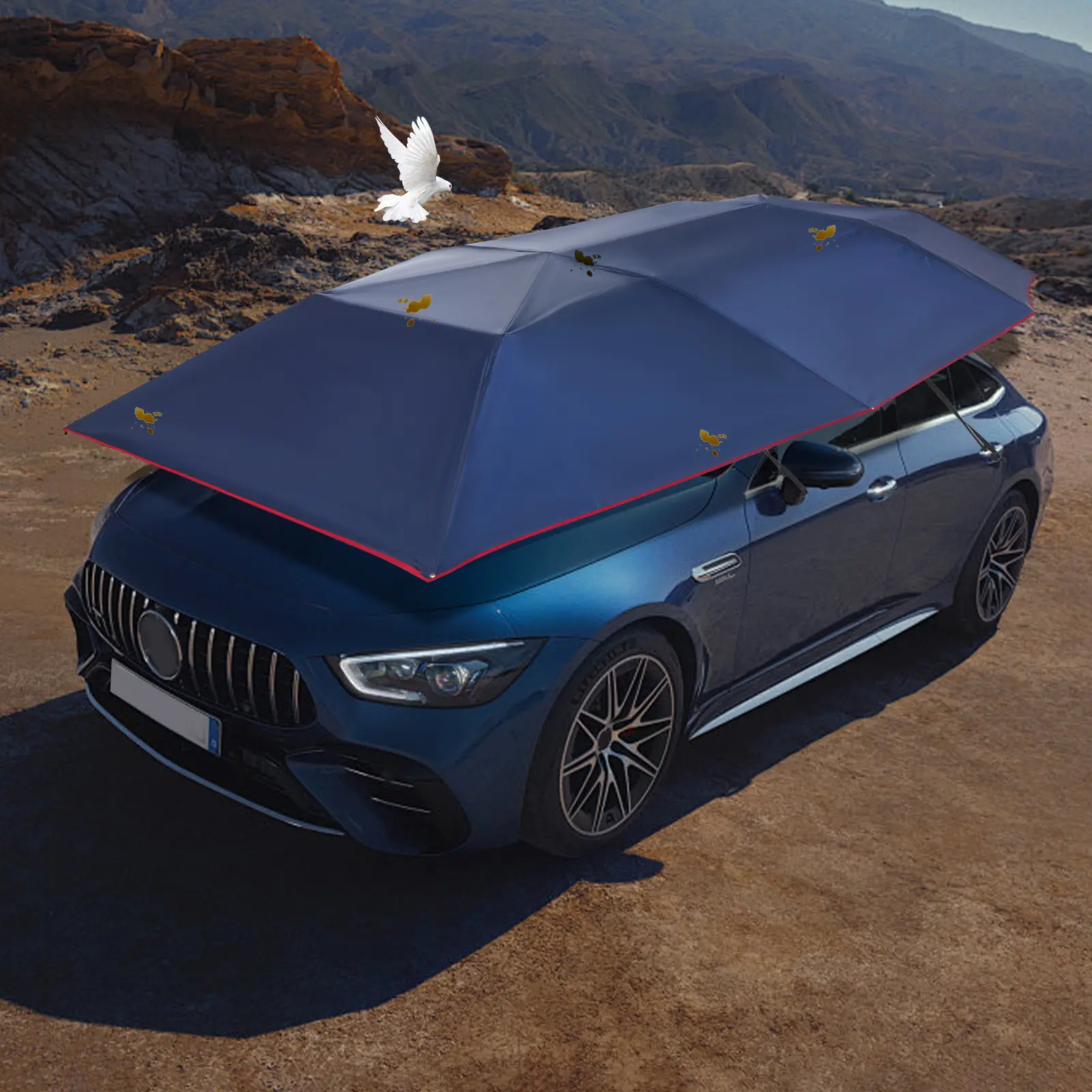 SHANGMAKEL Semi-Automatic Car Tent Sunshade - Portable Oxford Cloth Weatherproof Canopy with Fiberglass Frame, Suction Cups, 13.78x7.2 ft Navy Blue Portable Sun Shelter, Retractable Canopy Awnings for Outdoor UV, Rain Protection