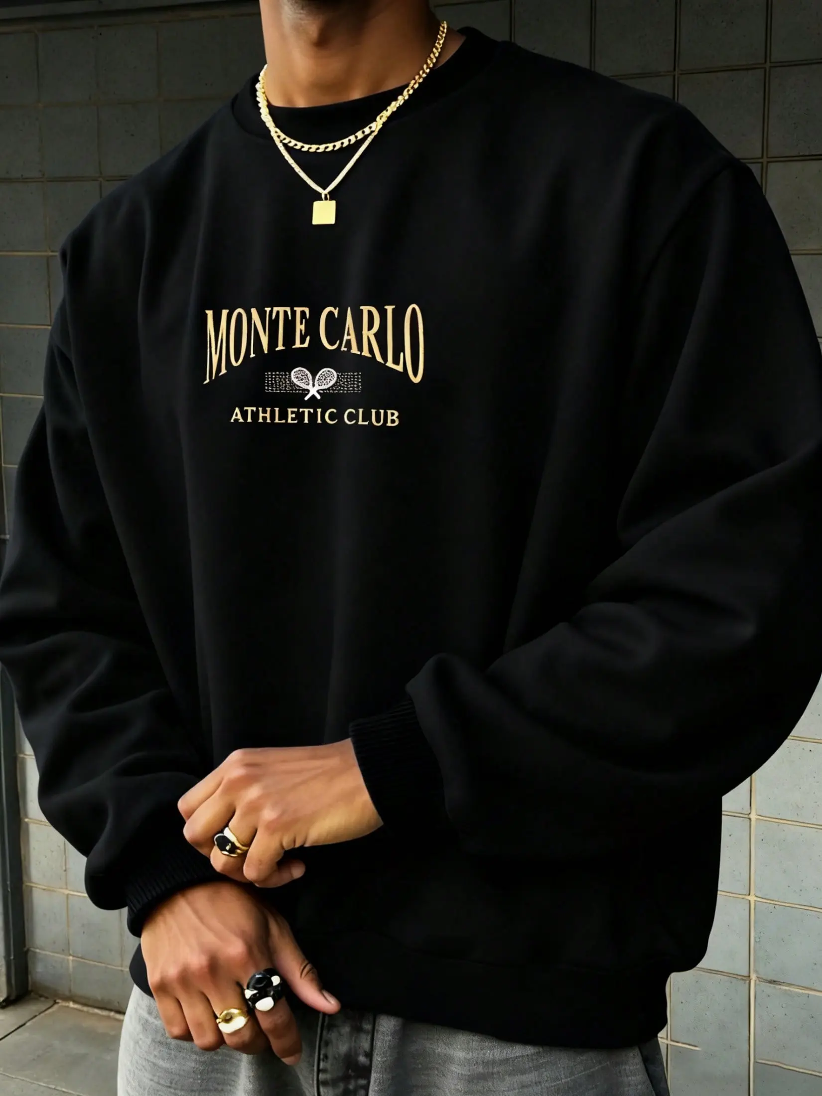 Men's Crewneck Sweatshirt - Menswear Retro Monte Carlo Faux Embroidery Tennis Graphic Pullover, Soft Loose Basic Unisex Couple Matching Top, Oversized Plus-Size Preppy Streetwear for Back-to-School, Print