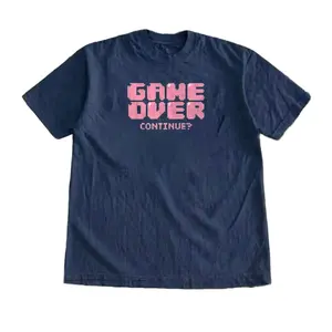 Gildan Game Over Vintage Design Graphic Tee, Y2K Aesthetic Pink Pixel Text Tee, Unisex Navy Blue Oversized Nerdy Geek Casual Shirt