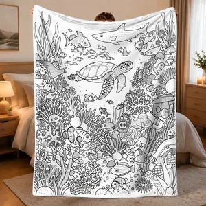 Ocean-Themed Coloring Blanket Suitable for Home, Office, Camping Throw | Flannel Bedspread with Sea Creatures Coloring Pages for Adults | Bedspread with English Labeled Line Art for Travel Gift, Sea Patterns for Adults