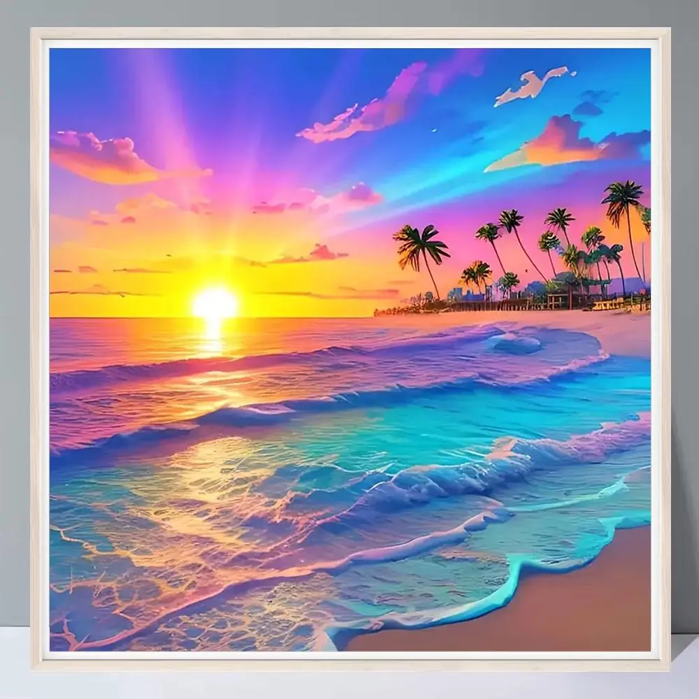Sandy Beach Sunset Scenery 5D Diamond Arts Colorful Painting Kit Wall Art Painting without Frame, Full Round Handmade Diamond Art Tools for Home Decor, Craft