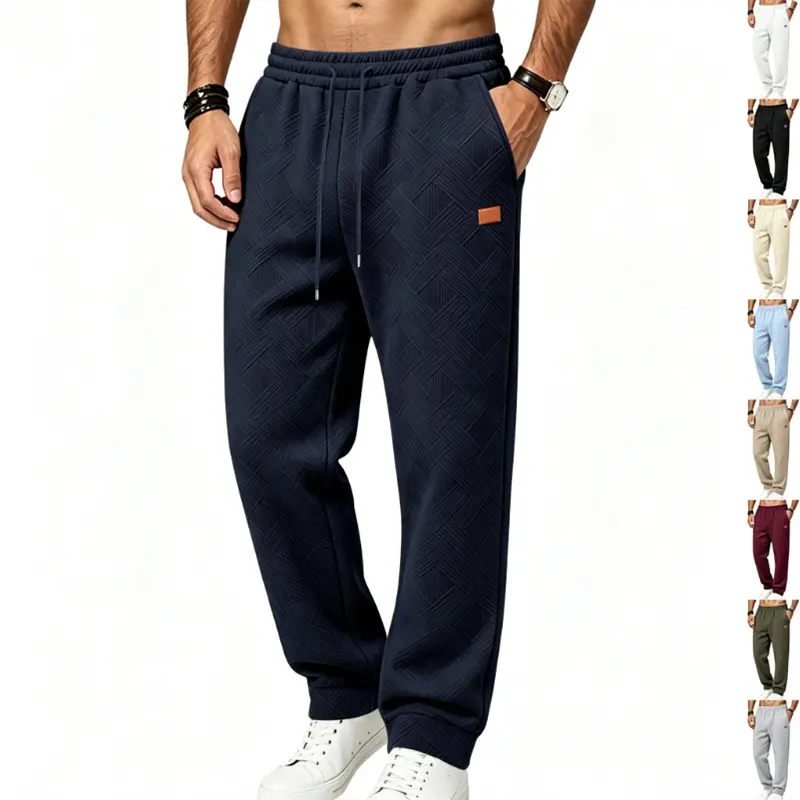 Menswear Men's 3D Woven Jacquard Joggers - Subtle Texture, Breathable Air-Layer Fabric (Prevents Overheating), Adjustable Drawstring Elastic Waistband, 2 Side Pockets, Ribbed Cuffs, Slimming Fit Solid Color Casual Long Pants for Workouts