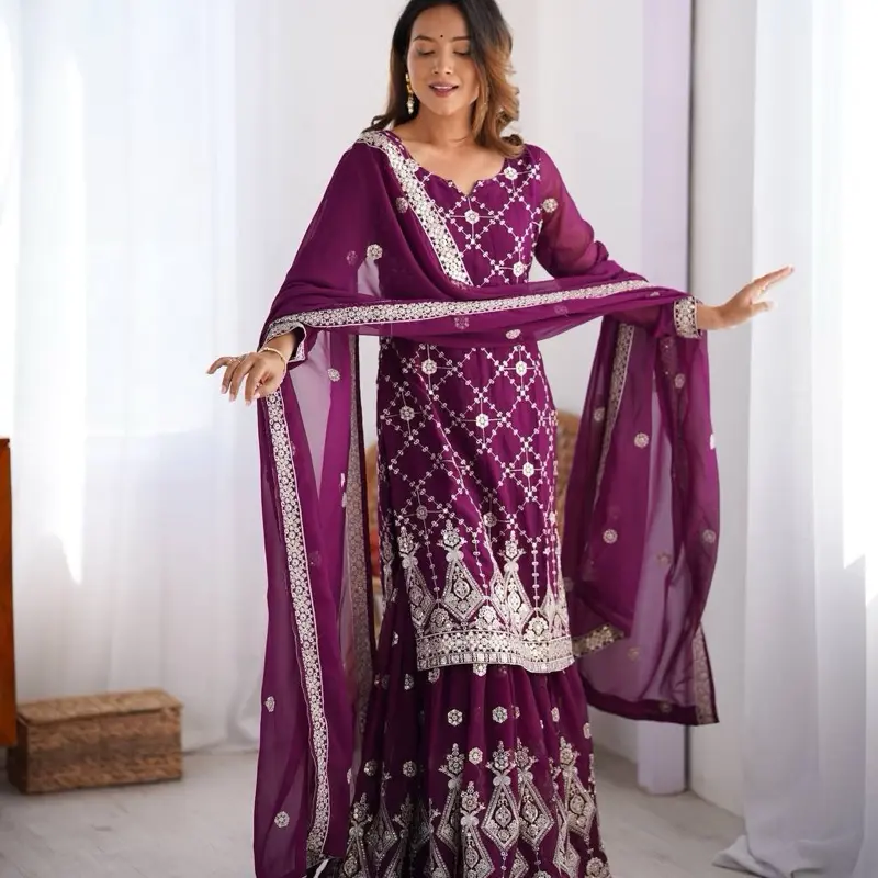 Women purple georgette Sharara suit wedding set party wear Indian Eid  collection