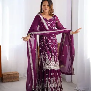 Women purple georgette Sharara suit wedding set party wear Indian Eid  collection