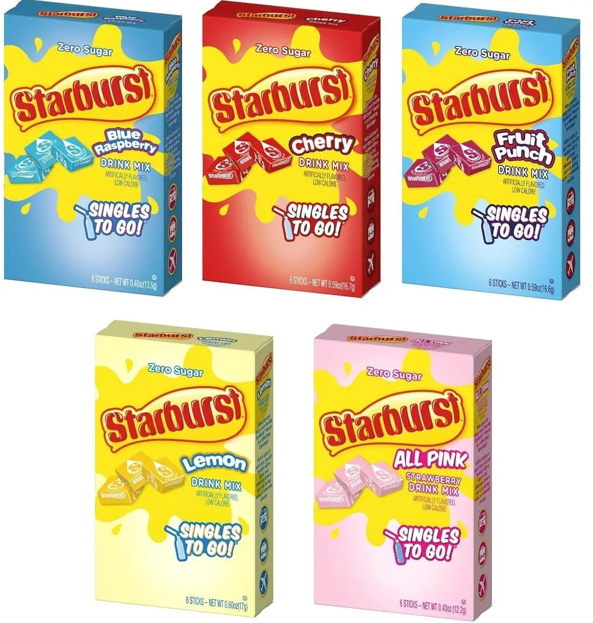 Starburst Singles to Go Variety Pack: All 5 Flavors (Raspberry, Cherry, Fruit Punch, Strawberry and Lemon) - 1 Box Each