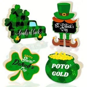 4 Pieces Set St. Patrick's Day Table Sign Lucky Decor Shamrocks St Patricks Day Decoration Irish Wood Signs St Patrick's Day Tiered Tray Decor for Table Decor Desk Ornaments