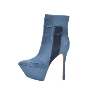 Patchwork Denim Boots | Patch Denim Platform Booties - Biker