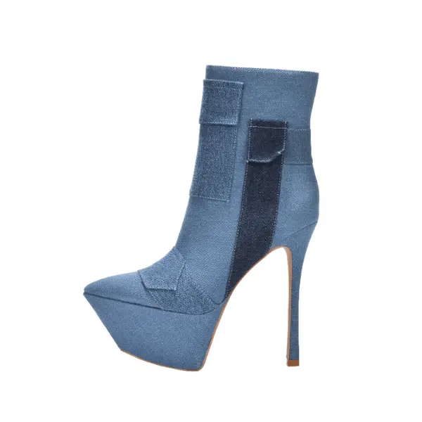 Patchwork Denim Boots | Patch Denim Platform Booties - Biker