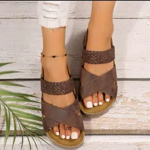 Women's Braided Cross Sandals - PU Leather, Slip-On, Thick Bottom, Comfortable, Solid Color, Beach & Casual Outings, High-Quality Materials
