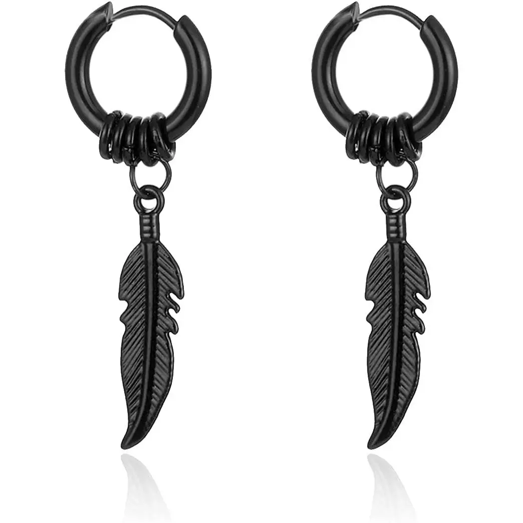 Stainless Steel Punk Drop Dangle Hinged Earrings Feather Gothic Mens Earring Black Huggie Hoop Earrings for Men and Women Wearing Jewelry