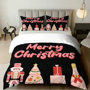 3PCS Duvet Cover Set, 1 Duvet+2 Pillowcases(Without filler), Christmas Nutcracker Tree Gift Champagne theme, Christmas bedding set, festive holiday decoration Suitable for decoration bedroom, living room, guest room, hotel
