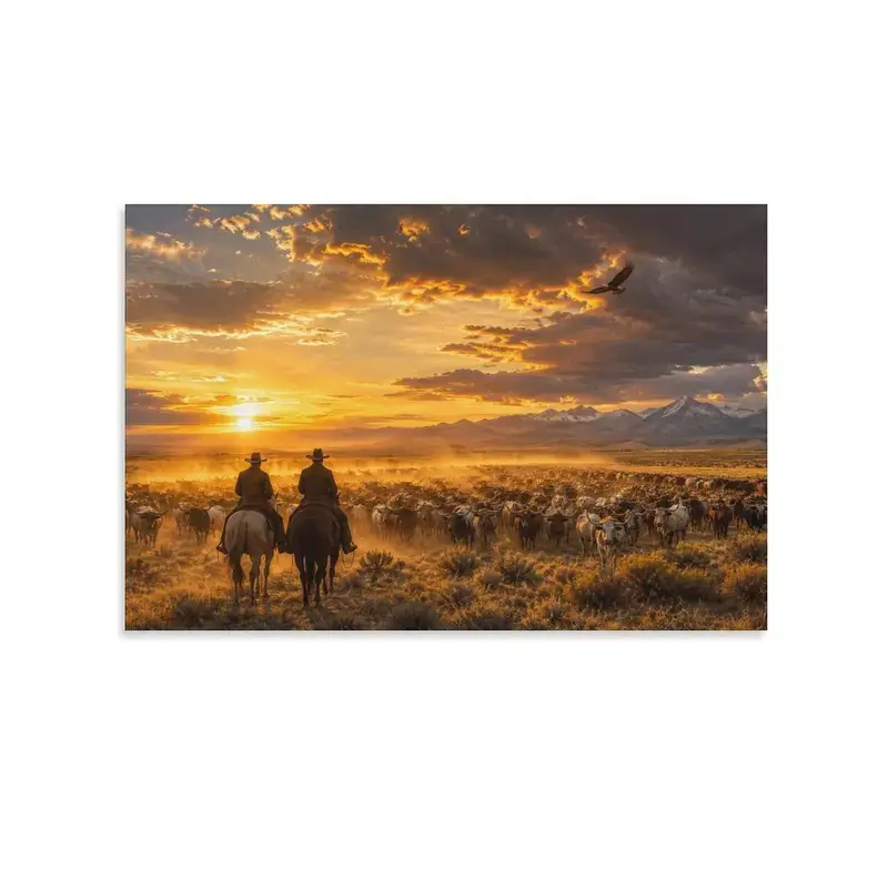 [UNFRAMED] Western Canvas Wall Art – Sunset Cattle Drive Print, Cowboy Ranch Decor, Texas Longhorn Landscape Artwork, Rustic Farmhouse Wall Decor for Living Room, Western Heritage Gift for Cowboy Lovers Western Frontier Montana Sunset