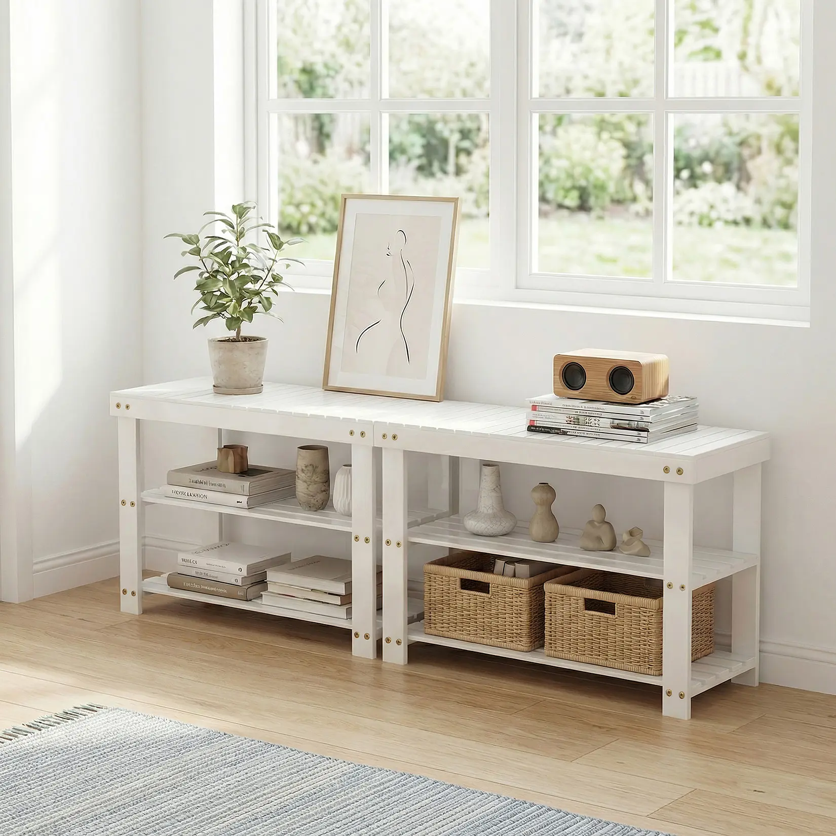 White Entryway Shoe Rack Bench with Seating - Sturdy Storage Organizer, Minimalist Decluttering Footstool, Modern Hallway Furniture for Closet Organization, Solid Finish, Includes Hardware
