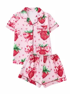 Women's Two-Piece Pajama Set Loungewear, Casual Comfortable Fitted Short Sleeve Shirt & Elastic Waist Shorts, All-Over Strawberry Print Sleepwear