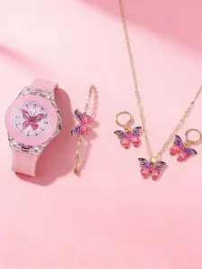 Cute Silicone Butterfly Glowing Quartz Wrist Watch Set, Butterfly Bracelet Necklace Earrings Jewelry, Best Birthday Gift for Kids