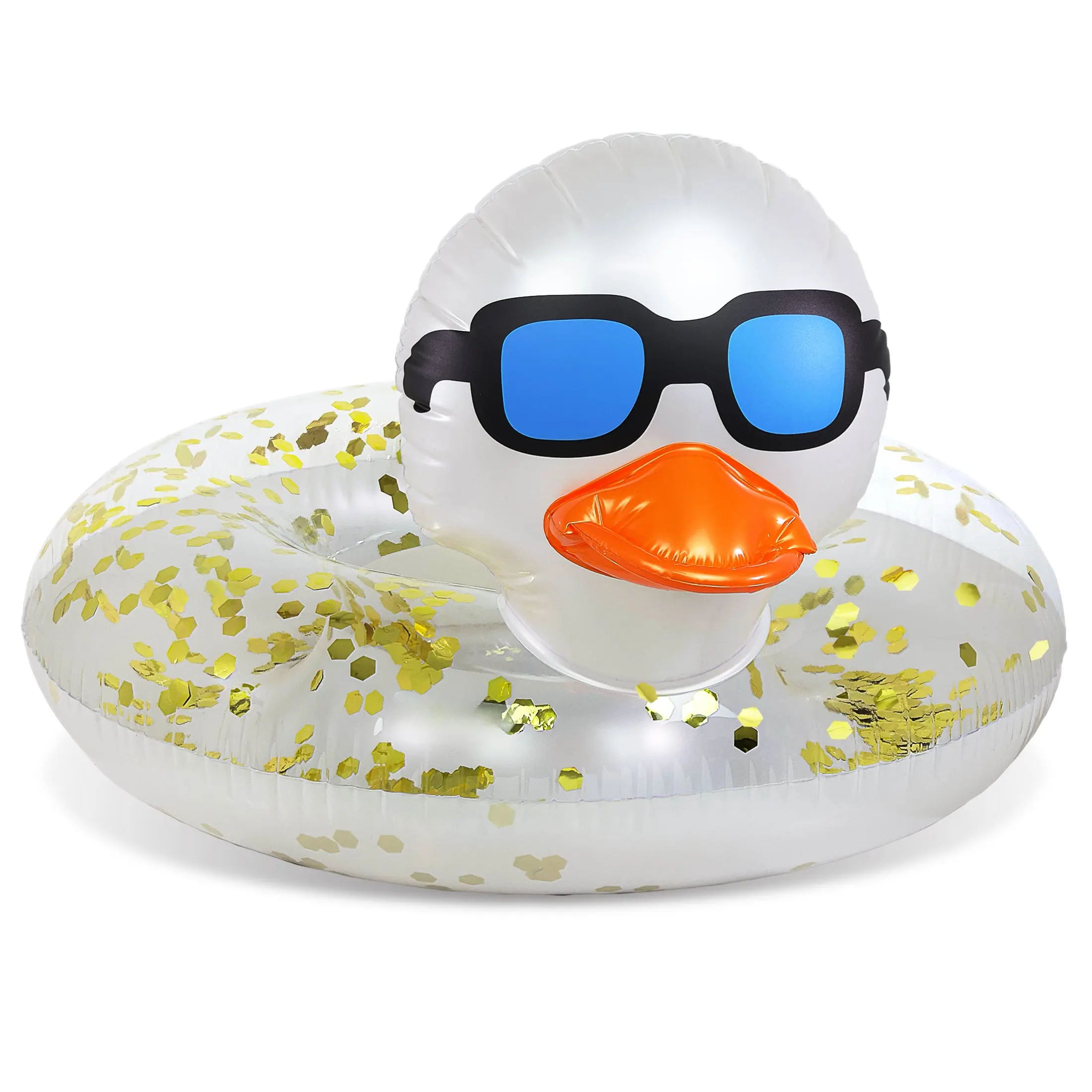 POZA PVC Vinyl Inflatable Duck Pool Float - Floating Lounger with Blue Sunglasses, Orange Beak, Pearl White & Gold Confetti, 36x36x23in, Quick Setup, Easy Storage, Ideal for Kids and Adults, Unisex, Family Gatherings, Ages 6+