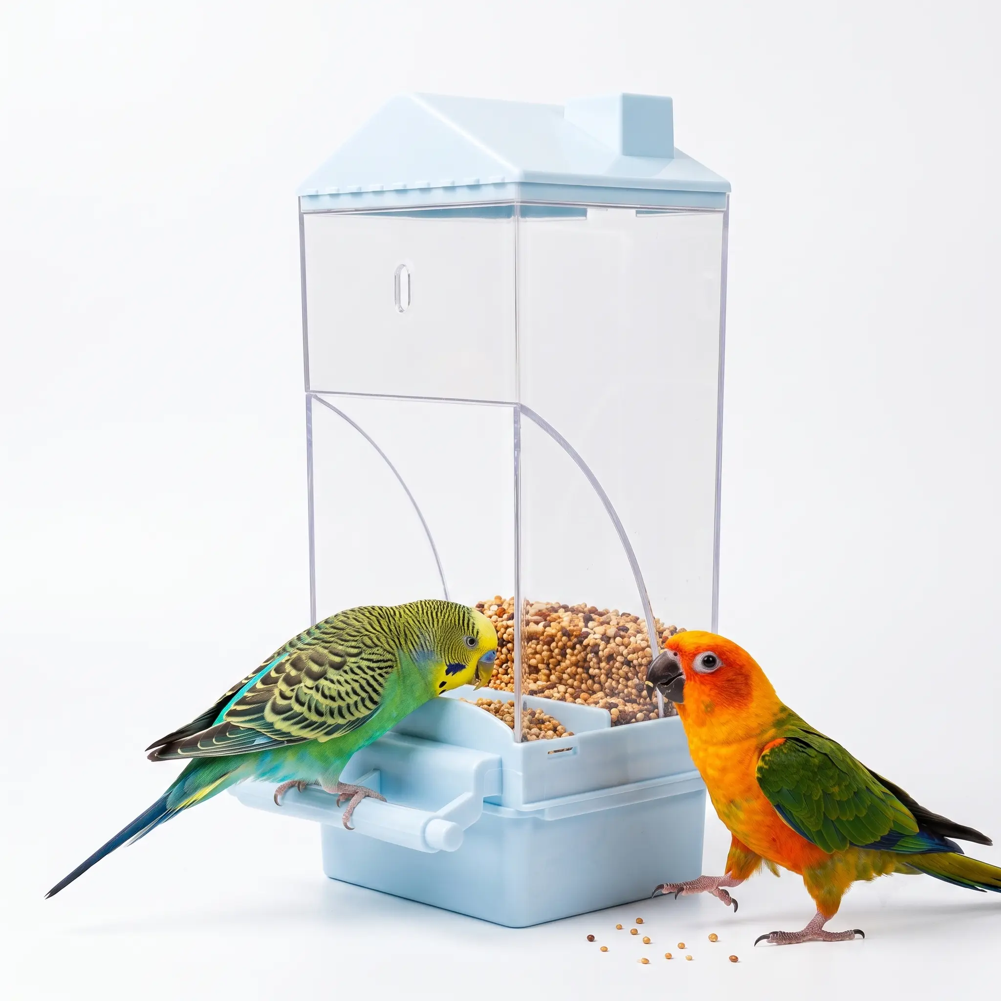 Automatic No-Mess Bird Cage Feeder, Clear Acrylic Seed Dispenser with Perch, Spill-Proof House-Shaped Foraging Feeder for Small Birds (Parakeets, Cockatiels, Budgies)