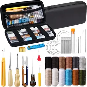 48 Piece Leather Sewing Kit, Upholstery Repair Kit, Leather Stitching Kit with Upholstery Thread, Sewing Awl, Seam Ripper, Needles, Thimble for Repair, Stitching, DIY Leather Crafting