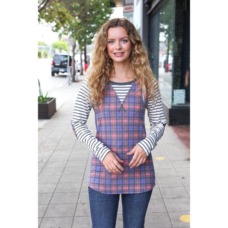 Feeling Playful Plaid/Stripe Outseam Stitch Elbow Patch Pullover
