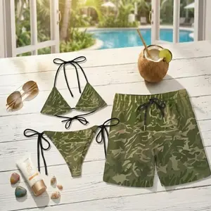 Summer 2026 Green Camo Couple Matching Swim Set | Sexy Halter Bikini + Board Shorts | TikTok Military Camouflage Trend