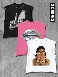 Men's 3 Piece Casual Vest Set with Graphic Print and Stud Design, Comfortable Streetwear for Gym and Everyday Style