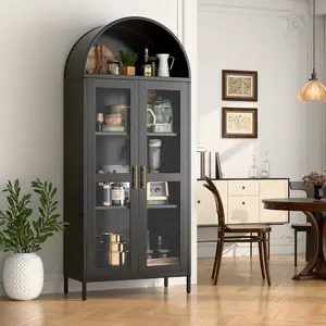 Aobabo Black Metal Arched Display Cabinet with Glass Doors & 3 LED Strips, Tall Modern Curio Case Bookshelf with 2 Adjustable Shelves, Freestanding China Cabinet Storage Organizer for Collectibles Living Room, Assembly Required