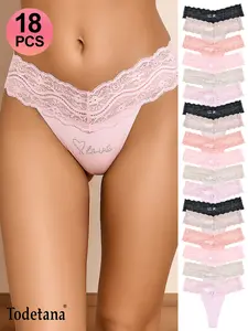 Todetana Women's 18 Pack Lace Thong Set Assorted Romantic Colors with Sparkly Love Rhinestone Accents Intricate Floral Lace Trim Silky Soft Stretch Fabric for Sexy Comfortable Daily Wear Special Occasions Perfect Gift for Halloween Christmas