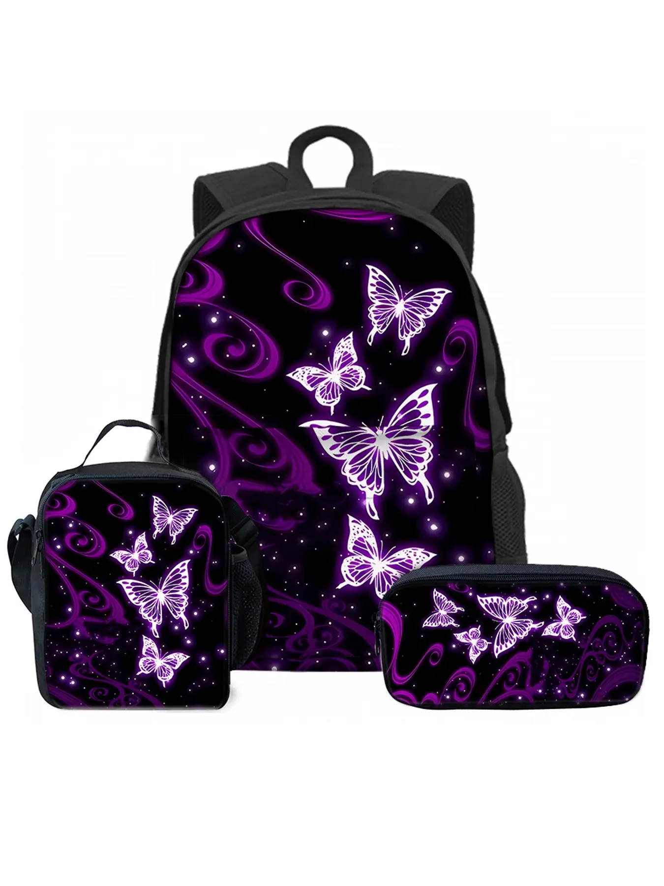 Purple Butterfly Print 42cm Height Front-Pocket Casual Printed Backpack Three-Piece Set (Front-Pocket Backpack + Lunch Bag + Pencil Case)