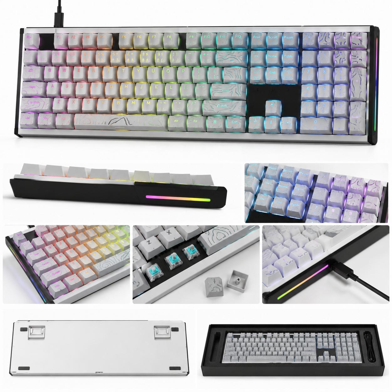 Full Size 104-Key CNC Full Aluminum Mechanical Keyboard, Hot Swappable Wired Gaming Keyboard with White Topographic Lines, Side-Printed Backlighting