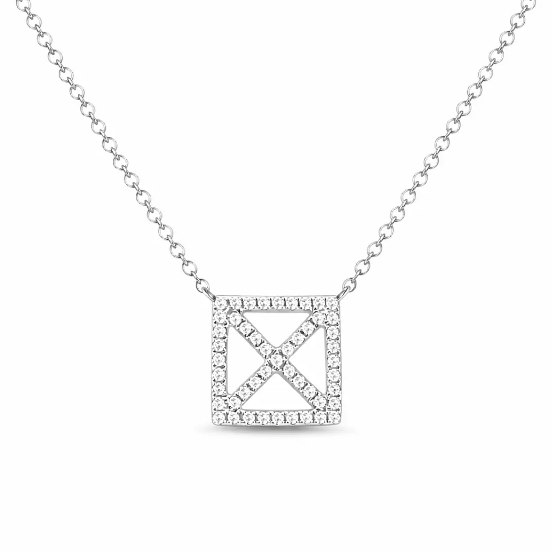 Square Design Diamond Necklace – 14K White Gold Diamond Pendant, 15in