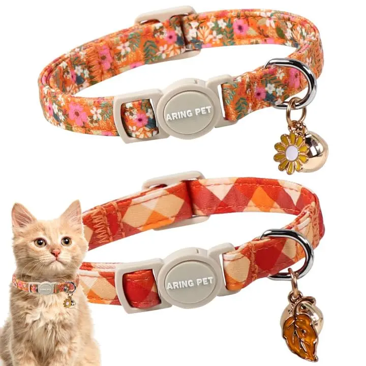 ARING PET 2-Pack Breakaway Cat Collars – Cotton Halloween Kitten Collars with Bells, Floral & Orange Plaid Designs for Male & Female Cats tiktokshopbacktoschool