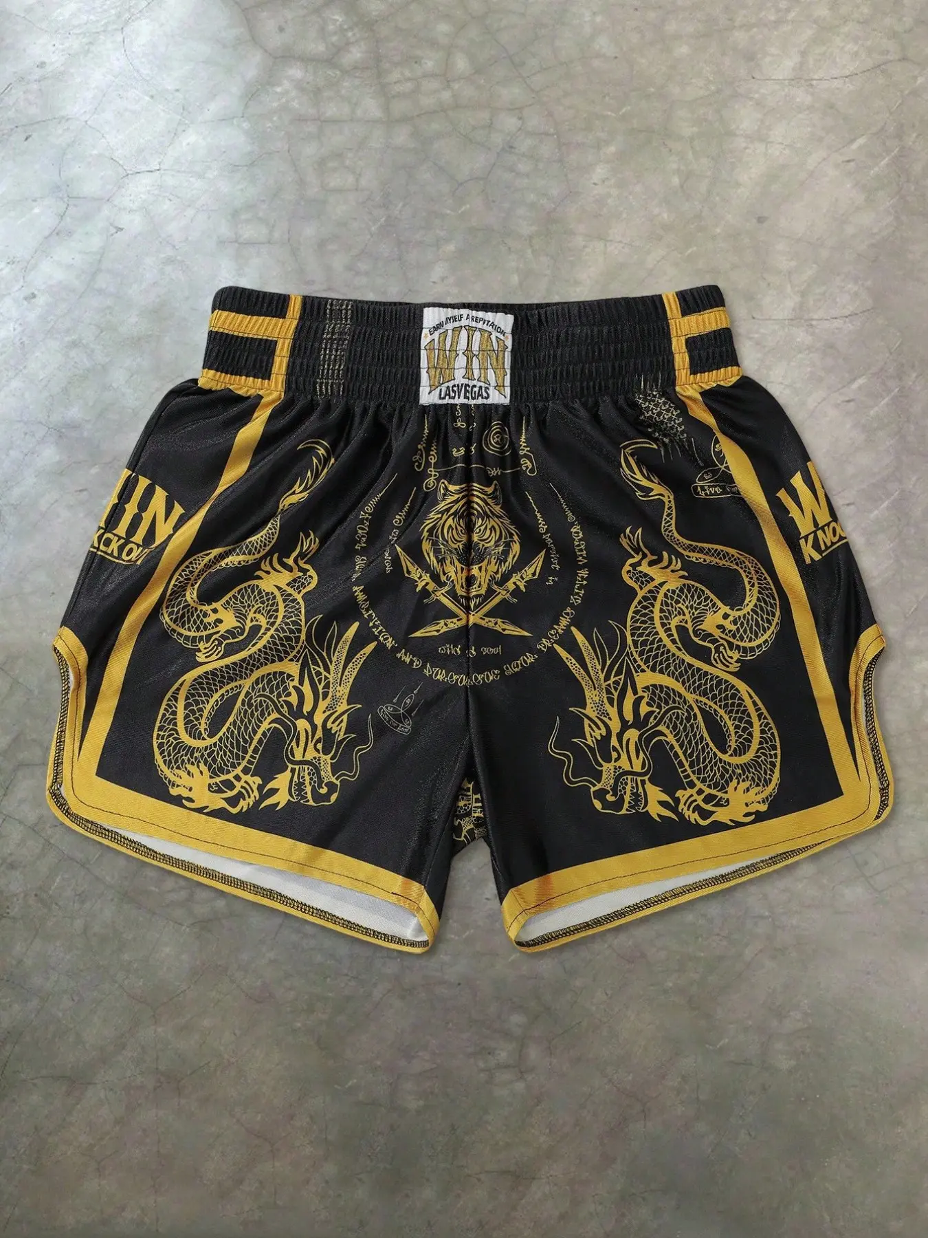 Professional Muay Thai Shorts for Men & Women | Retro Dragon Print & Sak Yant Tattoo Design | Breathable Satin Kickboxing Trunks, Fitness Workout Shorts & Athletic Shorts for MMA, Sparring & Gym Training | High-Cut Side Slits for Maximum Mobility