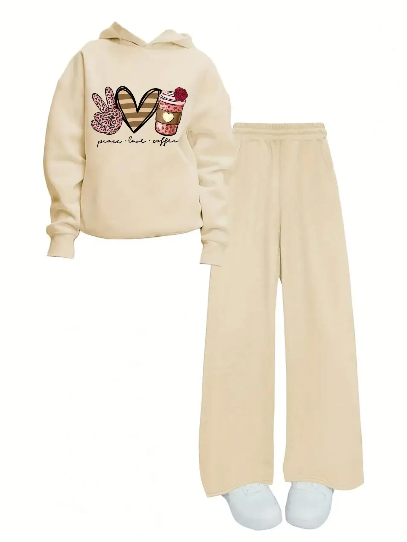 Two-piece Set Girl's Heart Print Hooded Sweatshirt & Pants Set, Casual Long Sleeve Hoodie & Trousers for Fall & Winter, Kids Clothes for Daily Wear