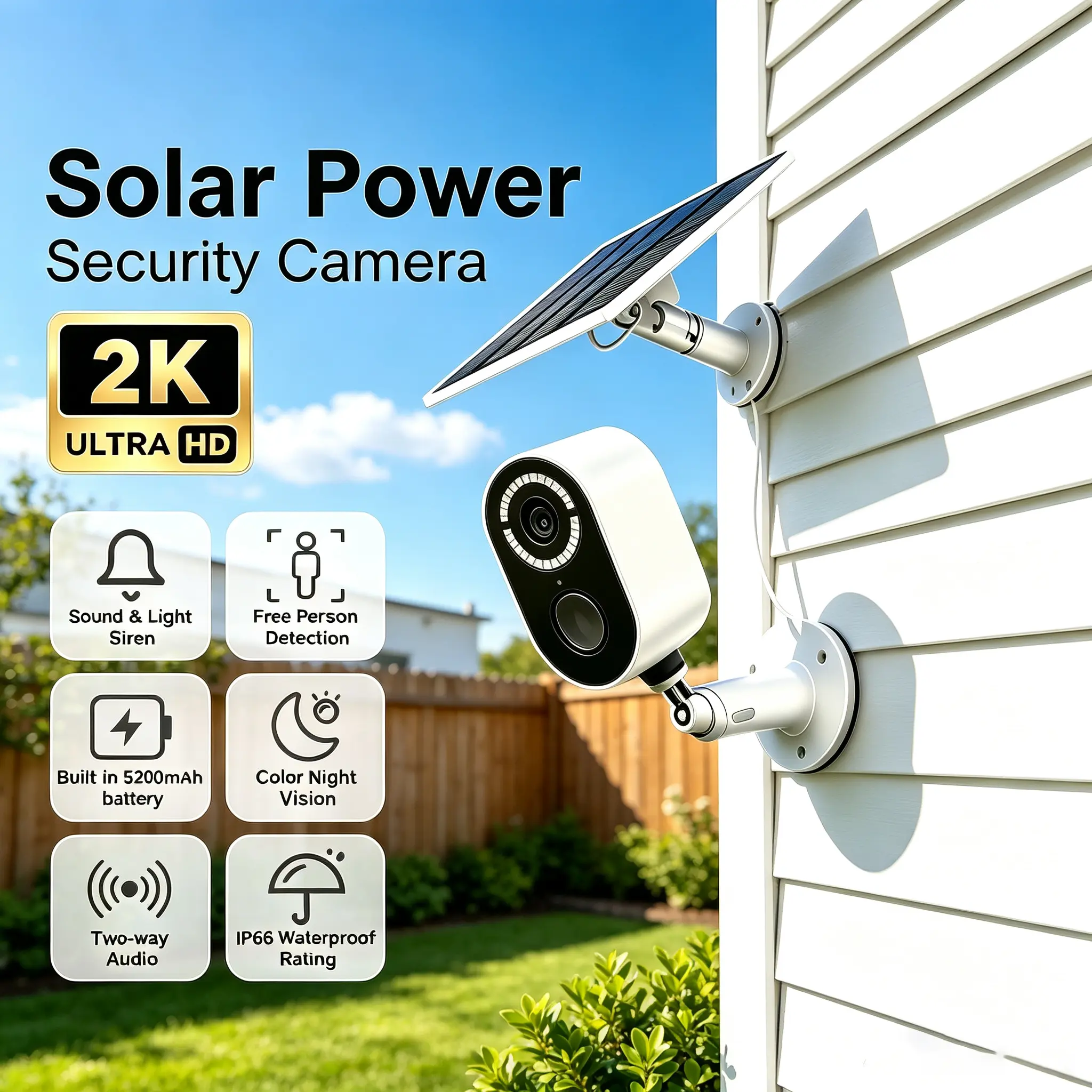 2K Solar Powered Outdoor Security Camera, IP66 Waterproof Durable, 2.4GHz WiFi, Color Night Vision, AI Motion Detection, Two-Way Audio, App Remote for Home/Yard/Office