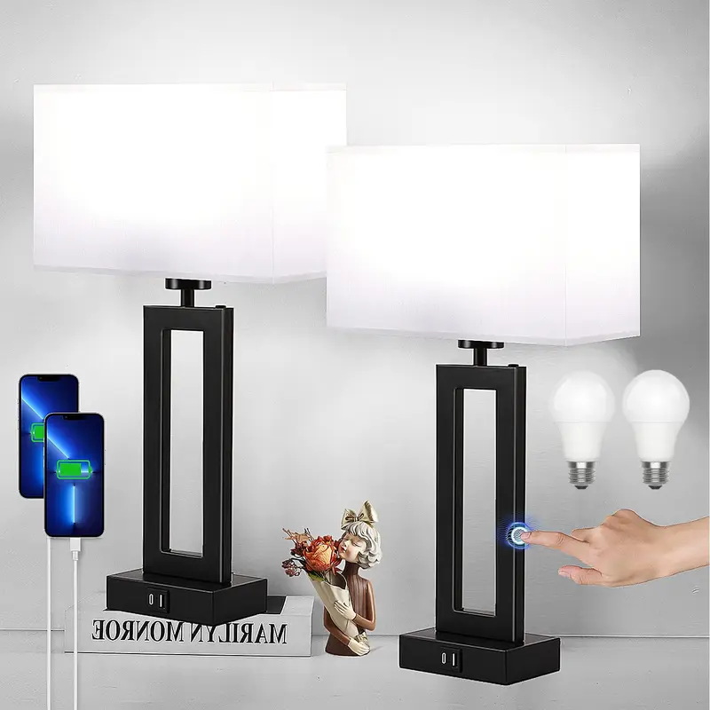 thumbnail image 2 of Set Of 2 Touch Control Nightstand Lamps With USB Ports – Gray Fabric & Metal For Bedroom 2 of 2