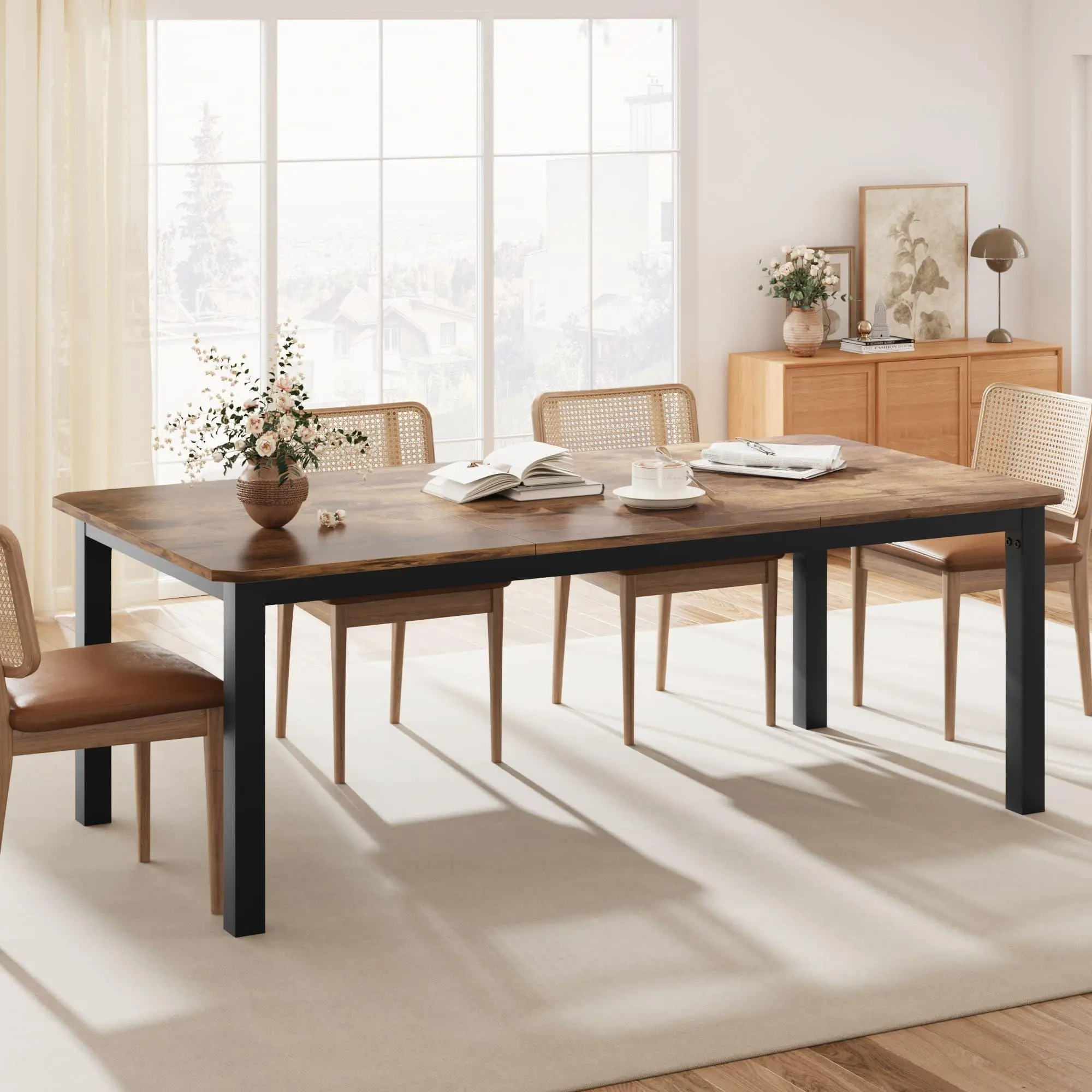 Dining Table for 6-8 People, 200cm Rectangular Kitchen Table with Thickened Wood Tabletop & Heavy-Duty Metal Legs, Modern Simple Style Furniture for Dining Living Room Outdoor Balcony Porch - Retro
