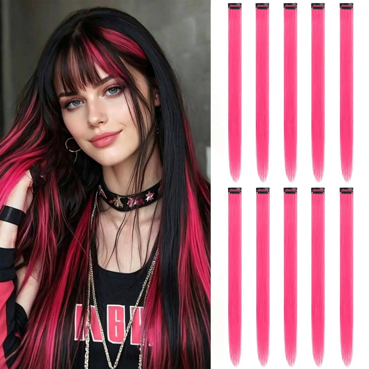 Colored Clip in Hair Extensions Hot Pink 10Pcs Synthetic Hair Highlights for Party Cosplay Halloween Hair Decor