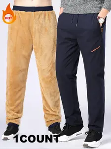 Men's Outdoor Warm Thick Fleece-lined Casual Pants, windproof, waterproof, breathable and fashionable Plain Color Pants, Hiking Pants for Fall & Winter, Casual Comfy Warm