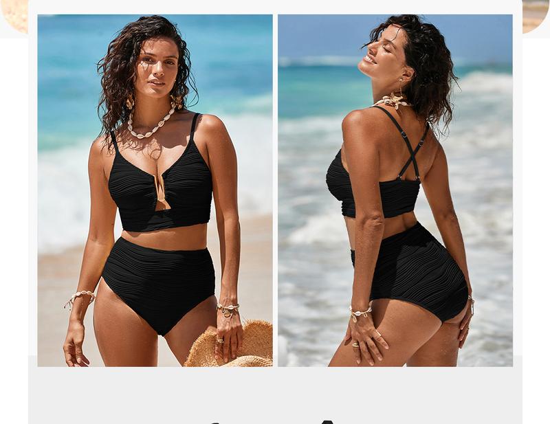 Aleumdr 2 Piece Bikini Set U-Wire Cutout Swimsuit High Waisted Textured 2025 Summer Swimming Clothing Beach Water Sports Tummy Control Swimwear