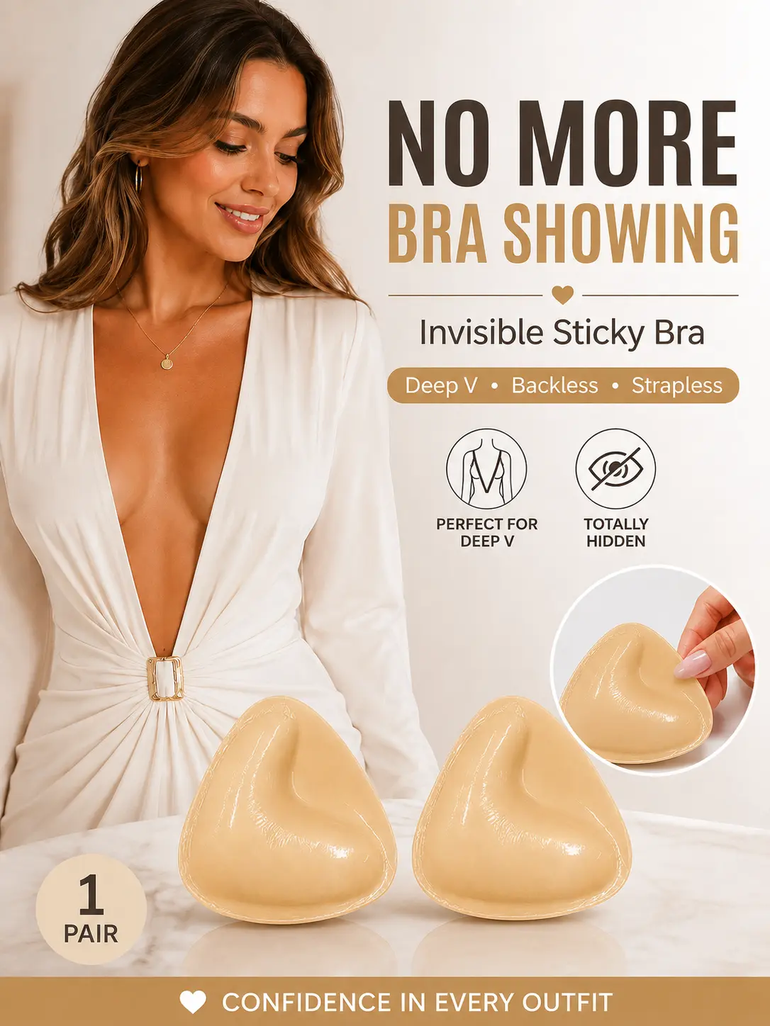 Women's Triangle Adhesive Push-Up Bra Pads - Double-Sided, Invisible, Reusable, Waterproof, No-Show Inserts for Wedding Guest Dresses, Strapless Lift Outfits, Clothes, Casual Accessories