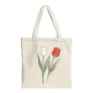 Elegant tulip canvas tote bag, Bohemian women’s shoulder bag, large-capacity reusable shopping bag, suitable for everyday use, school, travel, camping, and outdoor activities