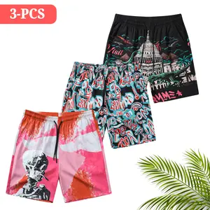 Men’s 3-Pack trendy printed side-pocket drawstring waistband sports shorts, quick-drying drawstring summer fitness running sports shorts, men's comfortable sports shorts, sports casual wear, sports shorts, regular fit shorts