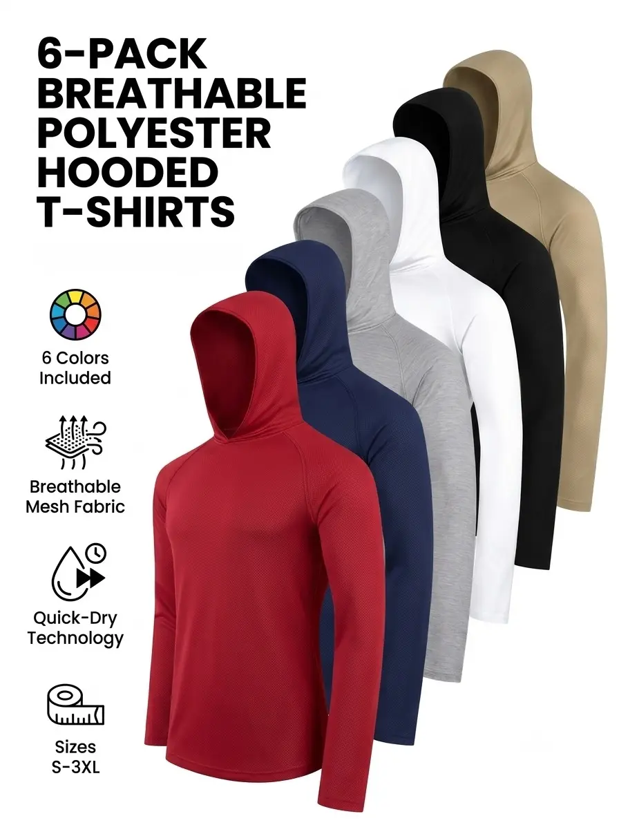 6-Pack Men's Lightweight Performance Hoodies - Quick Dry Breathable Mesh Activewear Long Sleeve Shirts (S-3XL, No Pockets)