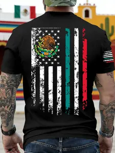 Men's Casual American Style Ink Print T-Shirt, Round Neck, Streetwear Usa Flag + Mexico Coat of Arms, Short Sleeve, Loose Fit, Comfortable Design